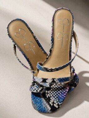 JESSICA SIMPSON Women's Size 6.5 BLUE & PURPLE Willmena SNAKE Print SANDAL Shoes
